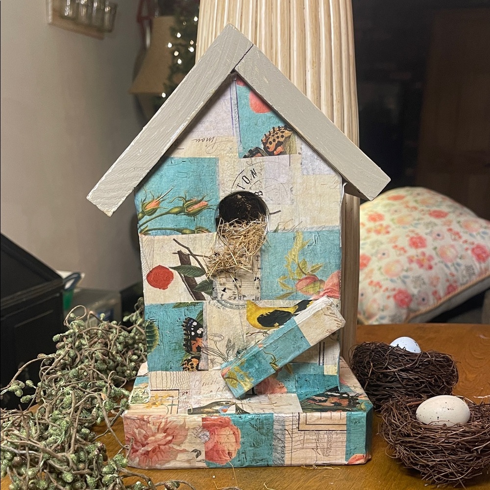 Handmade One-of-a-Kind Colorful Patchwork Quilt Decopauge Decorative Birdhouse